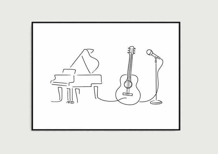 dessin épuré, artistique et poétique d'un piano, une guitare et un micro, symbolisant une collaboration artistique